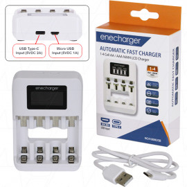 NC41800USB 1-4 cell automatic fast charger for AA & AAA NiMH cells with LCD display. USB input via Micro USB or USB Type-C.